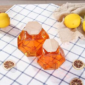 1PC 220ml Clear Glass Refillable Hexagon Shape Honey Pot Jar with Wooden Dipper Sticks and Lid Syrup Dispenser Container Empty Bottle Food Storage for Home Kitchen