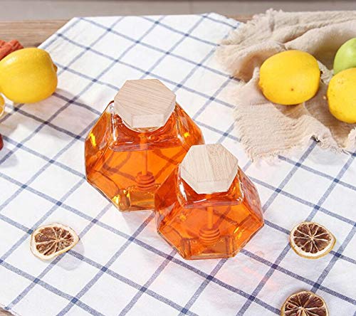 1PC 220ml Clear Glass Refillable Hexagon Shape Honey Pot Jar with Wooden Dipper Sticks and Lid Syrup Dispenser Container Empty Bottle Food Storage for Home Kitchen