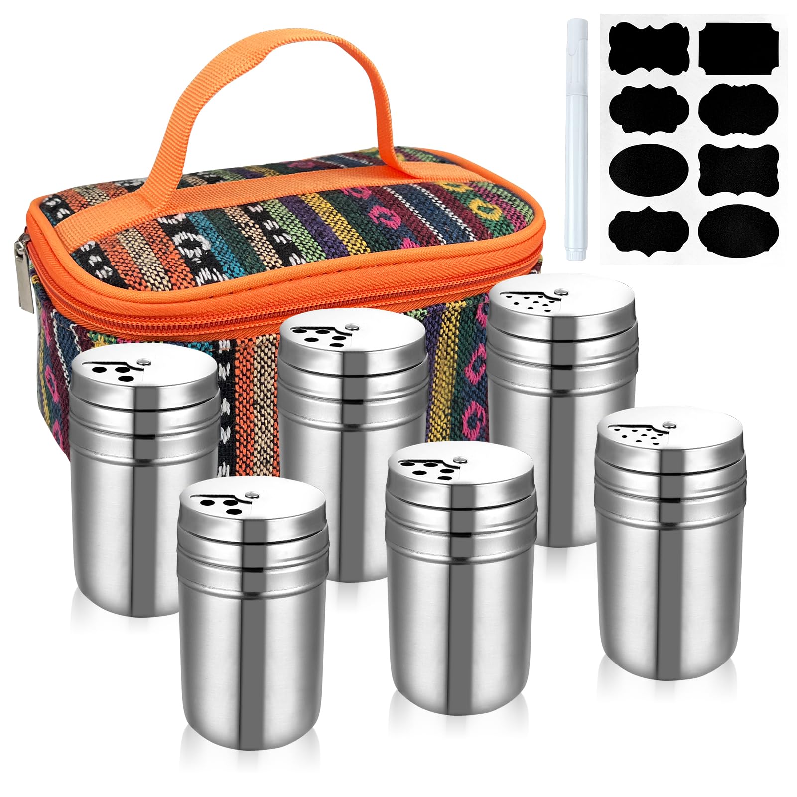 EZYoutdoor 6Pcs Stainless Steel Spice Shaker, Camping Spice Kit with Travel Bag, Salt and Pepper Shakers Set For Salt Sugar Spice Dry Herb Spice, for Home or Outdoor Use