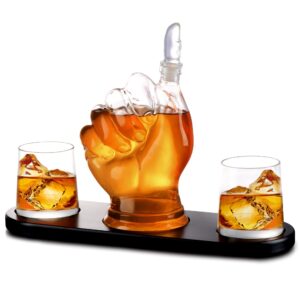 thumbs up whiskey decanter set - with two 10 oz whisky glasses - on rich wood mahogany base tray - business gift set - whiskey/wine dispenser for liquor, scotch, bourbon, vodka - 32oz - bezrat