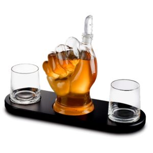 Thumbs Up Whiskey Decanter Set - with Two 10 oz Whisky Glasses - on Rich Wood Mahogany Base Tray - Business Gift Set - Whiskey/Wine Dispenser for Liquor, Scotch, Bourbon, Vodka - 32oz - Bezrat