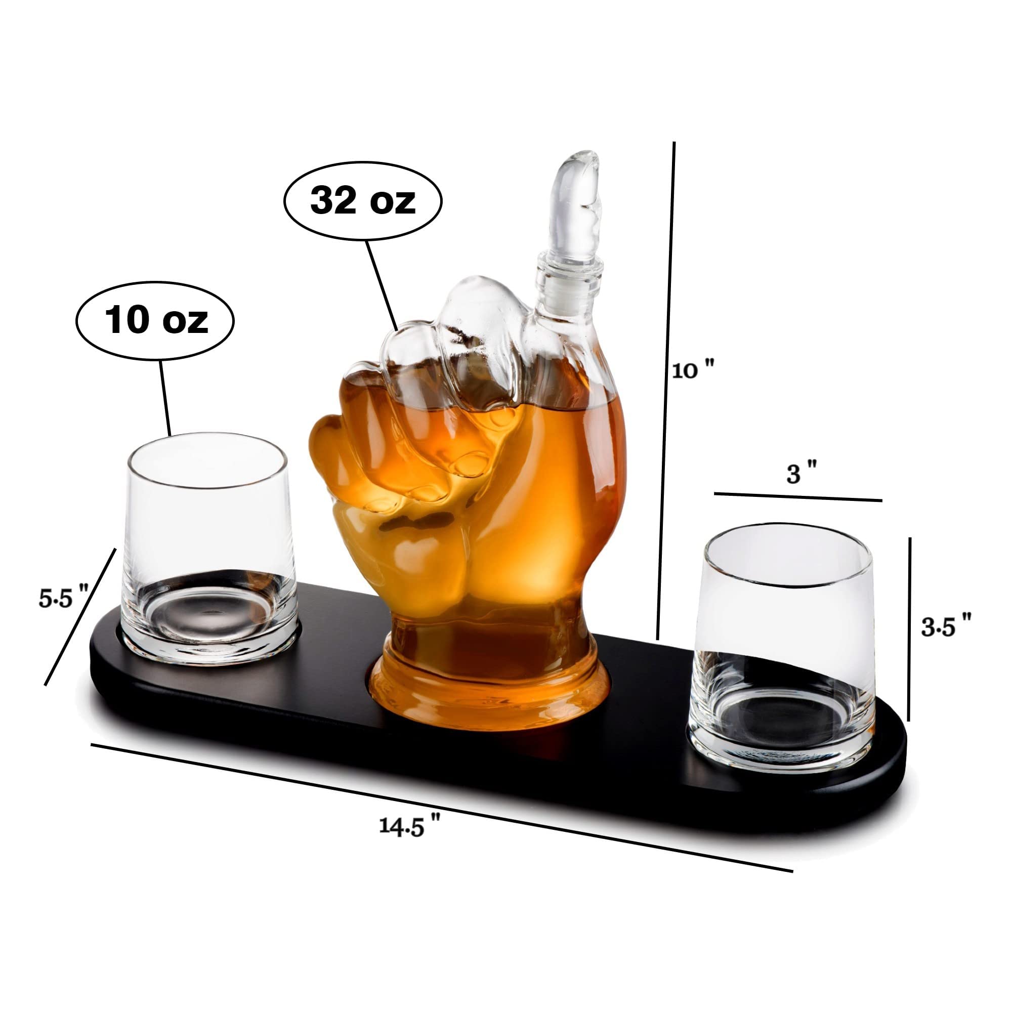 Thumbs Up Whiskey Decanter Set - with Two 10 oz Whisky Glasses - on Rich Wood Mahogany Base Tray - Business Gift Set - Whiskey/Wine Dispenser for Liquor, Scotch, Bourbon, Vodka - 32oz - Bezrat