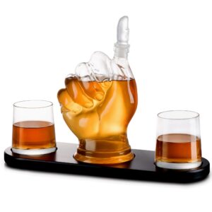 Thumbs Up Whiskey Decanter Set - with Two 10 oz Whisky Glasses - on Rich Wood Mahogany Base Tray - Business Gift Set - Whiskey/Wine Dispenser for Liquor, Scotch, Bourbon, Vodka - 32oz - Bezrat