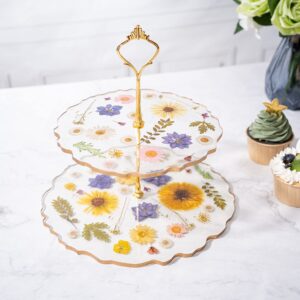 floral cupcake & cake dessert stand, resin flower tower - 2 tier stand tray - large pretty botanical floral stands for desserts table, gold handle, fruits candy buffet serving trays