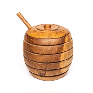 rainforest bowls javanese teak wood honey jar w/dipper set- ideal for storing honey, jam & syrups- ultra-durable- premium wooden honey jar handcrafted by indonesian artisans