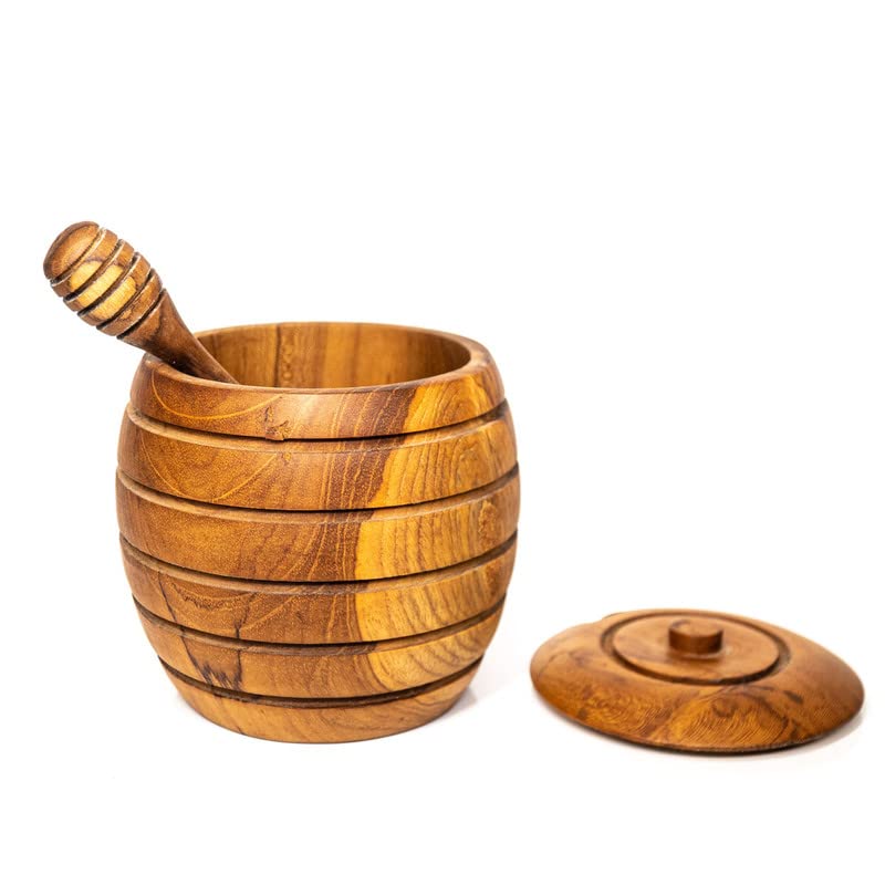 Rainforest Bowls Javanese Teak Wood Honey Jar w/Dipper Set- Ideal for Storing Honey, Jam & Syrups- Ultra-Durable- Premium Wooden Honey Jar Handcrafted by Indonesian Artisans