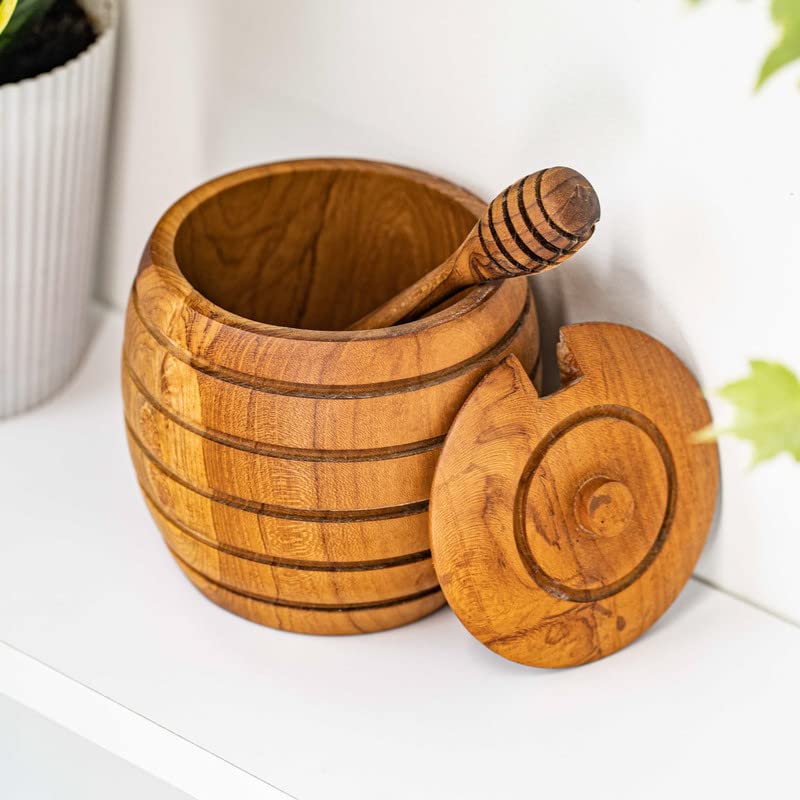 Rainforest Bowls Javanese Teak Wood Honey Jar w/Dipper Set- Ideal for Storing Honey, Jam & Syrups- Ultra-Durable- Premium Wooden Honey Jar Handcrafted by Indonesian Artisans