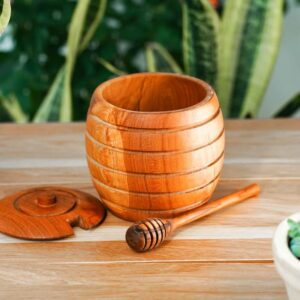 Rainforest Bowls Javanese Teak Wood Honey Jar w/Dipper Set- Ideal for Storing Honey, Jam & Syrups- Ultra-Durable- Premium Wooden Honey Jar Handcrafted by Indonesian Artisans