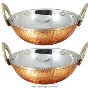 Nexxa -Set of 4, Indian Copper Serveware Karahi Vegetable Dinner Bowl with Handle for Indian Food, Diameter 13 Cm Approx