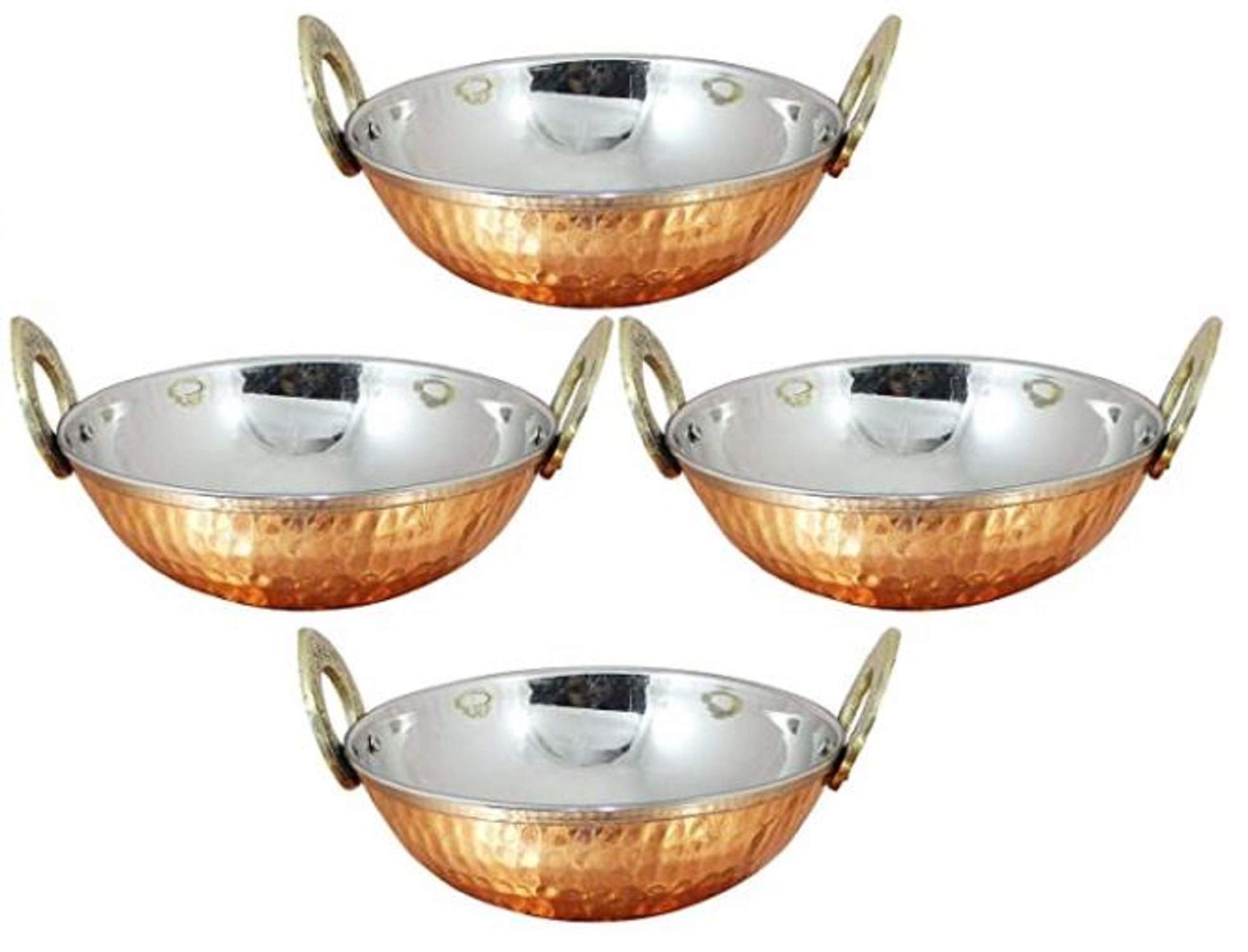 Nexxa -Set of 4, Indian Copper Serveware Karahi Vegetable Dinner Bowl with Handle for Indian Food, Diameter 13 Cm Approx