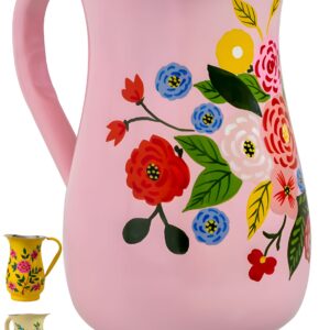 Hand Painted Stainless Steel Water Pitcher - Large Metal Water Jug, for Cold Drinks, Floral Design Beverage Carafe for Entertaining & Home Decor. 8” height, 1 Quart Decorative Vase. (Pink)