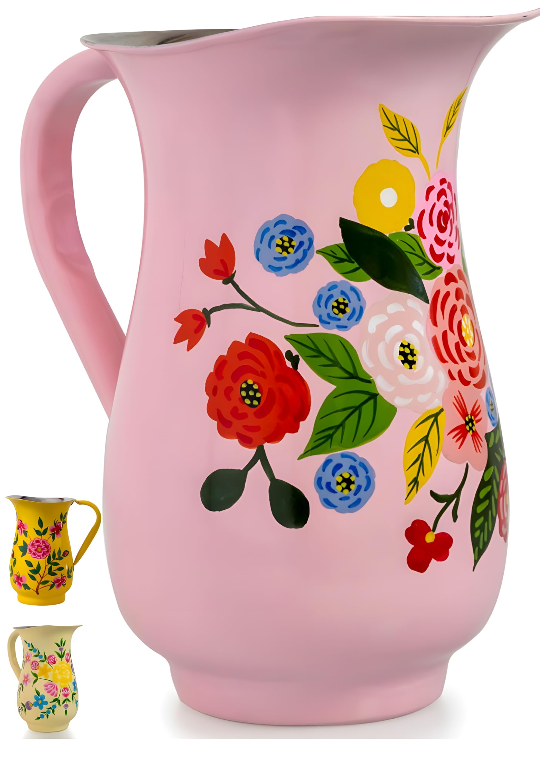 Hand Painted Stainless Steel Water Pitcher - Large Metal Water Jug, for Cold Drinks, Floral Design Beverage Carafe for Entertaining & Home Decor. 8” height, 1 Quart Decorative Vase. (Pink)