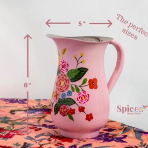 Hand Painted Stainless Steel Water Pitcher - Large Metal Water Jug, for Cold Drinks, Floral Design Beverage Carafe for Entertaining & Home Decor. 8” height, 1 Quart Decorative Vase. (Pink)