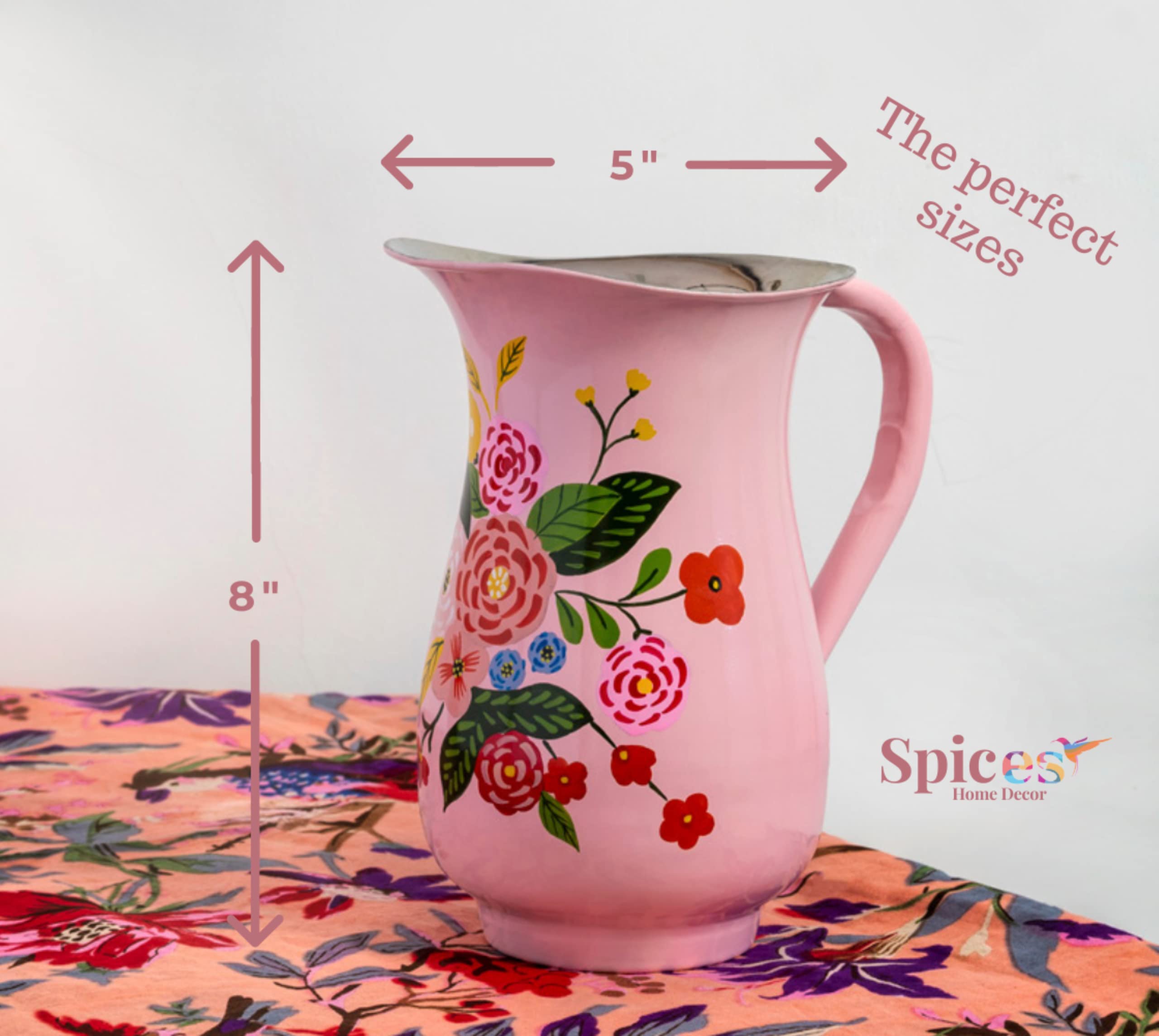 Hand Painted Stainless Steel Water Pitcher - Large Metal Water Jug, for Cold Drinks, Floral Design Beverage Carafe for Entertaining & Home Decor. 8” height, 1 Quart Decorative Vase. (Pink)