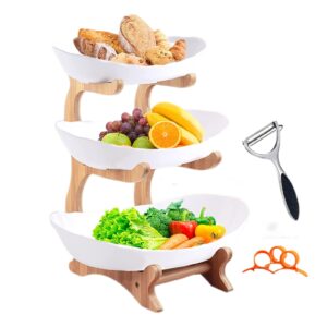 hfpengzan 3 tier ceramic fruit bowl, white oval serving bowls set with natural bamboo rack, porcelain fruit basket countertop for kitchen vegetable storage, snack dessert cake candy tray plate holder