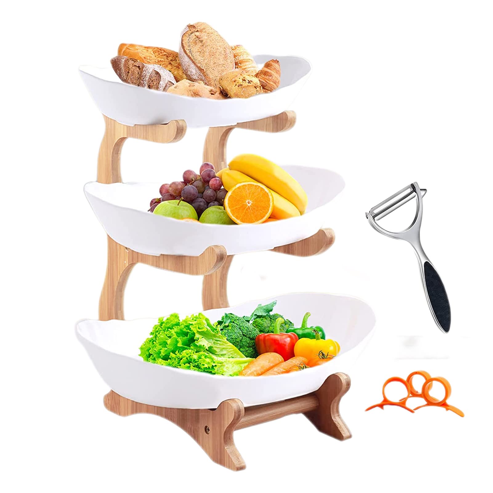 Hfpengzan 3 Tier Ceramic Fruit Bowl, White Oval Serving Bowls Set with Natural Bamboo Rack, Porcelain Fruit Basket Countertop for Kitchen Vegetable Storage, Snack Dessert Cake Candy Tray Plate Holder