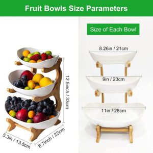 Hfpengzan 3 Tier Ceramic Fruit Bowl, White Oval Serving Bowls Set with Natural Bamboo Rack, Porcelain Fruit Basket Countertop for Kitchen Vegetable Storage, Snack Dessert Cake Candy Tray Plate Holder