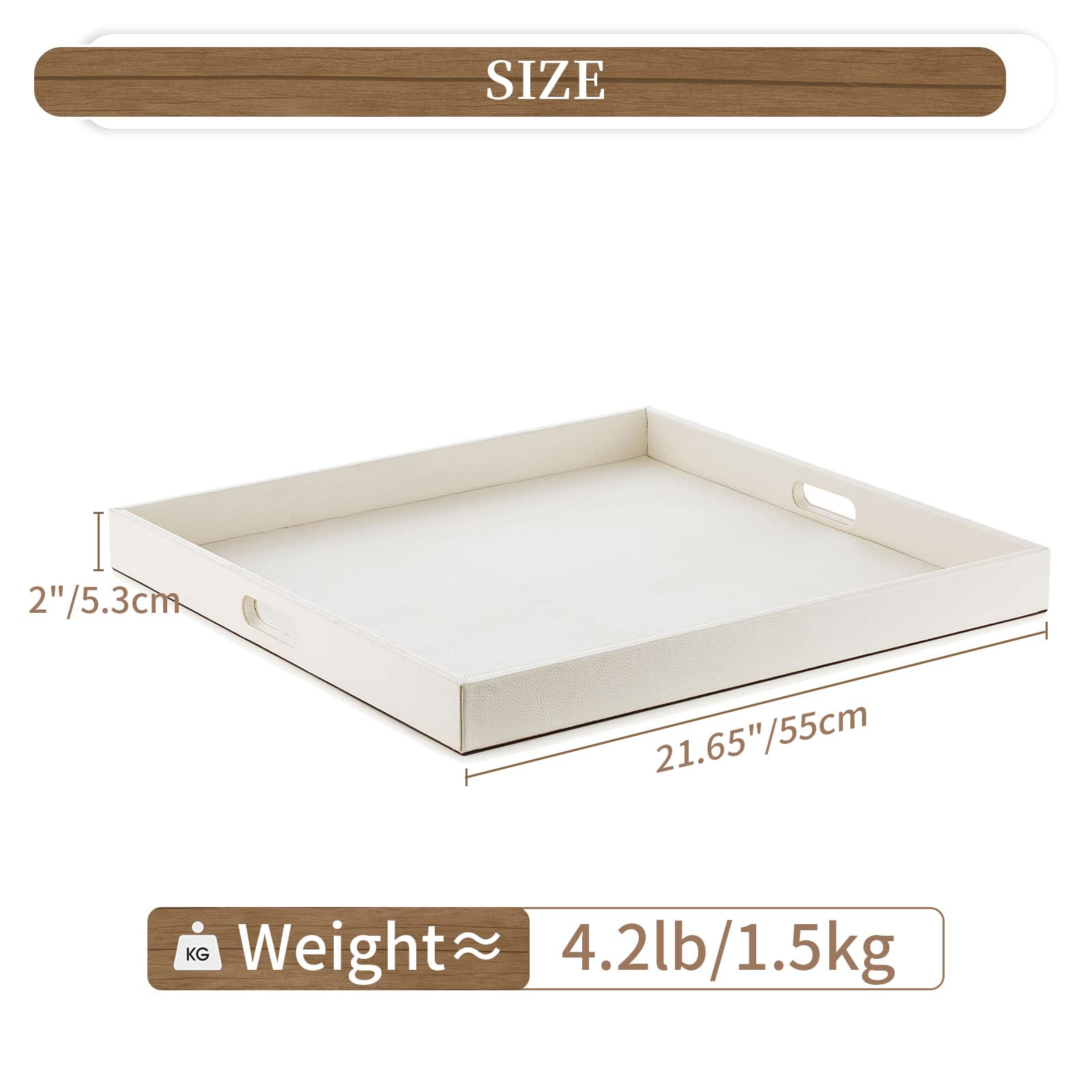 Hanobe Square Large Ottoman Tray: Extra Large White Serving Tray for Ottomans Big Leather Decorative Tray with Handles for Coffee Table Living Room 22" x 22"