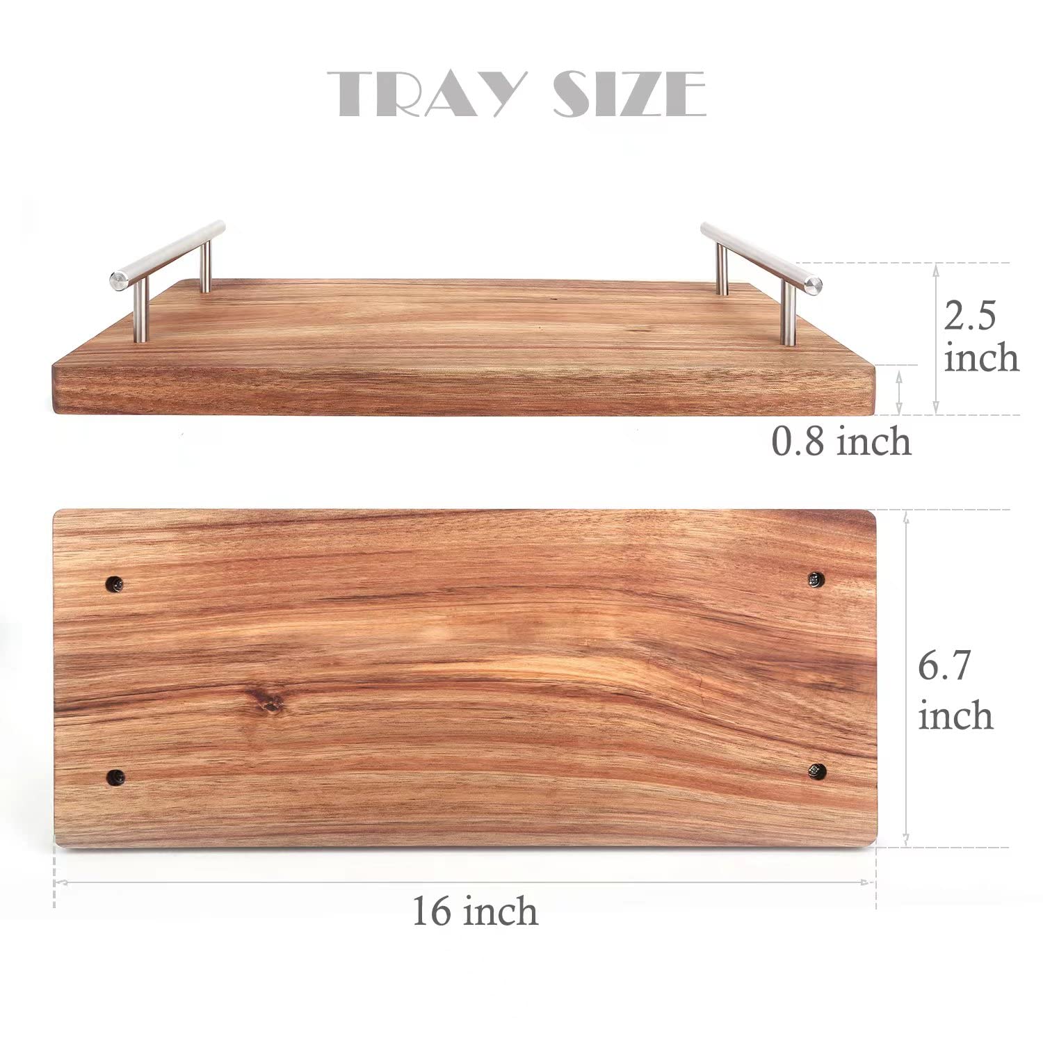 Resafy Acacia Wooden Serving Tray with Stainless Steel Handles, Handmade Decorative Serving Board,Decorative Nesting Food Board Platter for Breakfast,Coffee,Living Room,Bathroom,Kitchen and Outdoors