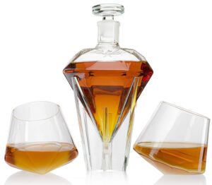 the wine savant diamond whiskey decanter l with 2 diamond glasses decanter set, diamond wine glass holding base with 2 diamond glasses liquor, scotch, rum, bourbon, vodka, tequila