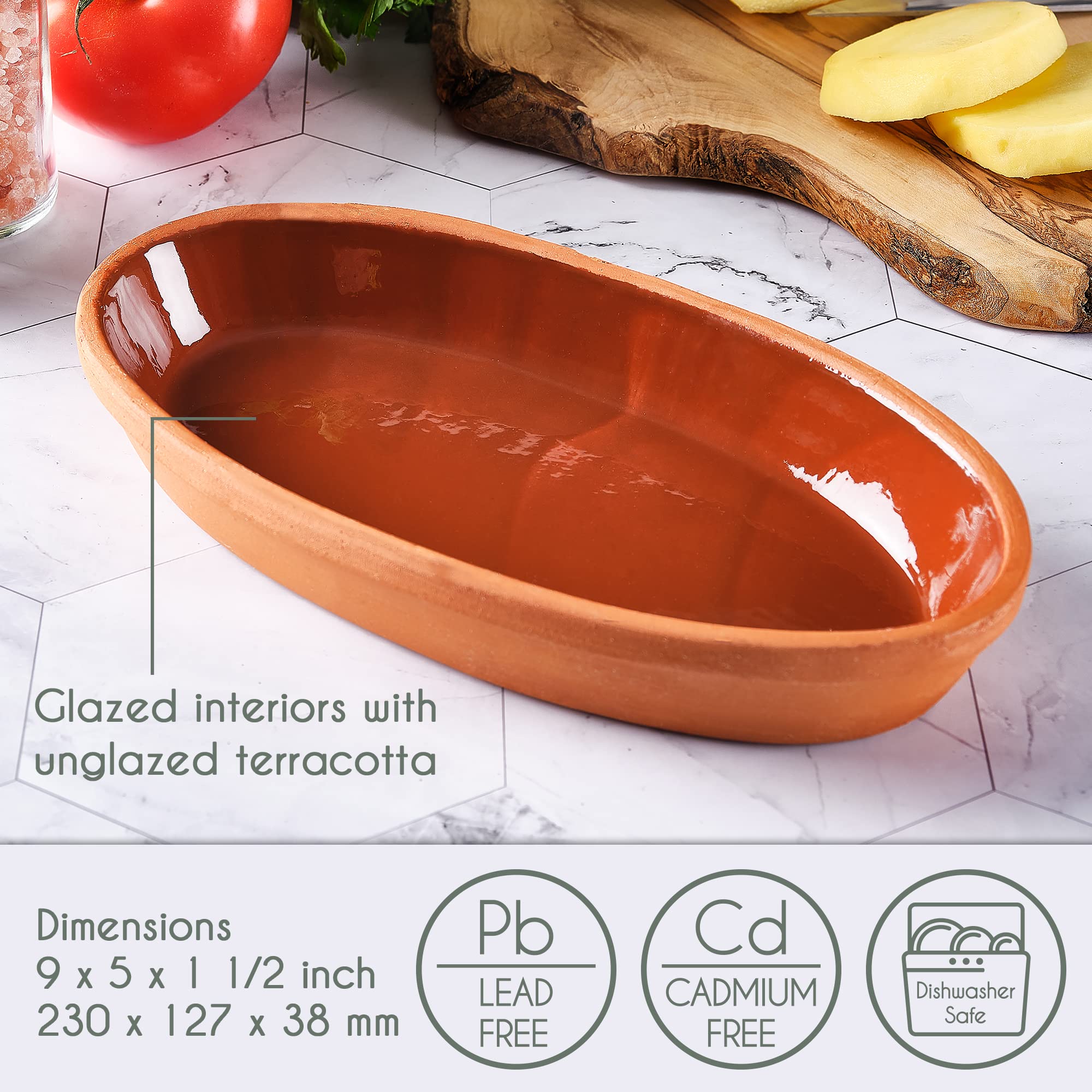 CRYSTALIA Handmade Clay Cooking Pan, Roaster Natural Ceramic Pan for Sausage Fish, Turkish Terracotta Bowl, Glazed Interior Clay Food Serving Dish
