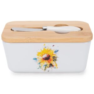 nat & jules dean crouser ceramic stoneware 1/2 pound, 2 sticks butter dish with airtight bamboo lid & knife, kitchen container holder refrigerator storage countertop organization, watercolor sunflower