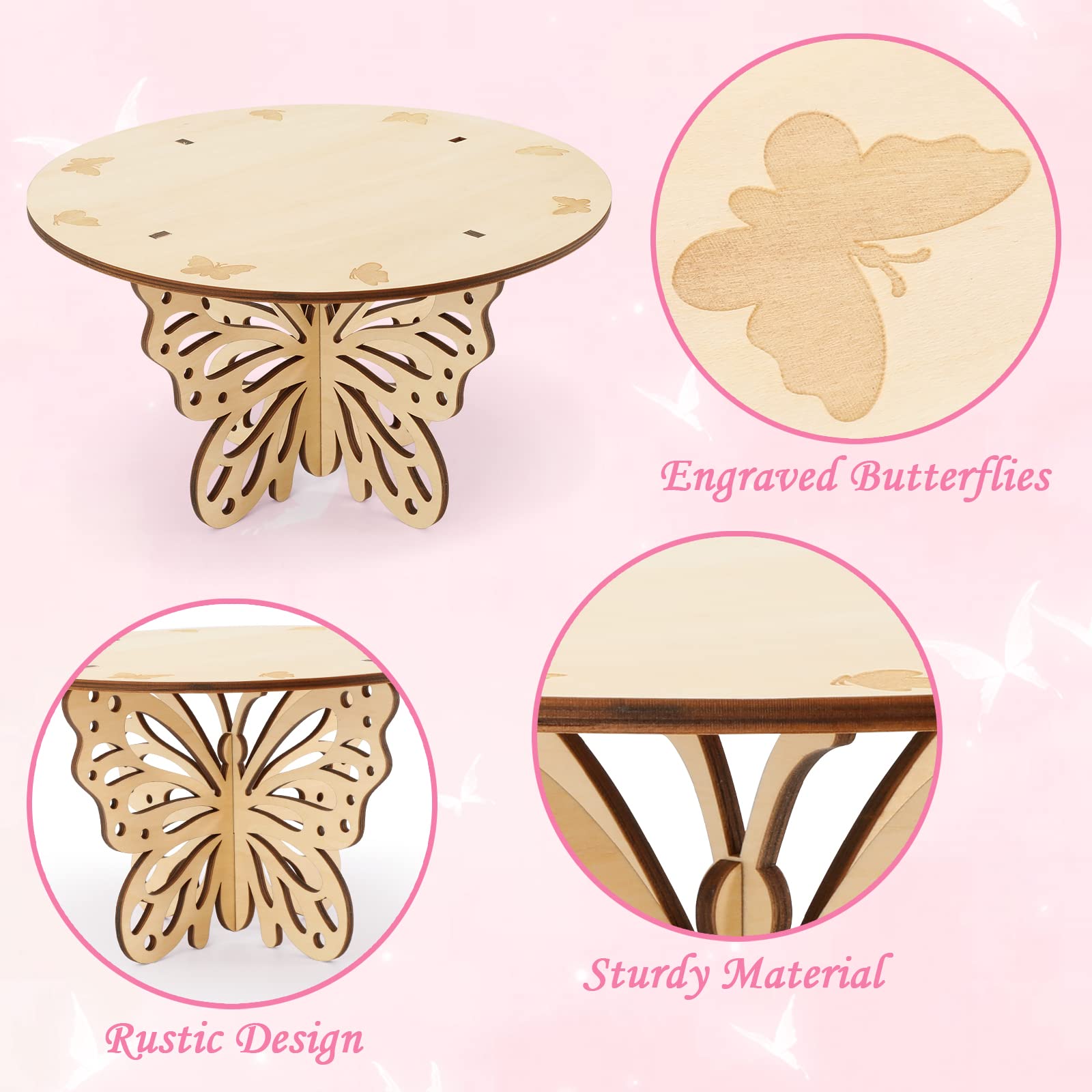 Huray Rayho Butterfly Wood Cake Stand Wedding Baby Shower Birthday Rustic Table Centerpiece Party Decorations with Engraved Butterflies for Cake Within 9 Inches