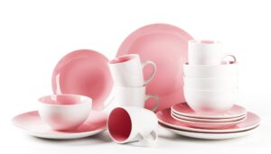 homevss, stoneware coupe shape 16pc dinnerware set, outside white + inside pink
