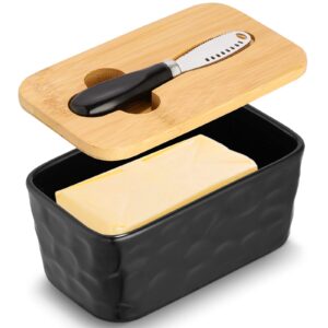 ceramic butter dish with lid and knife, porcelain butter container for countertop, butter holder keeper double silicone seals, perfect for west or east coast butter (black)