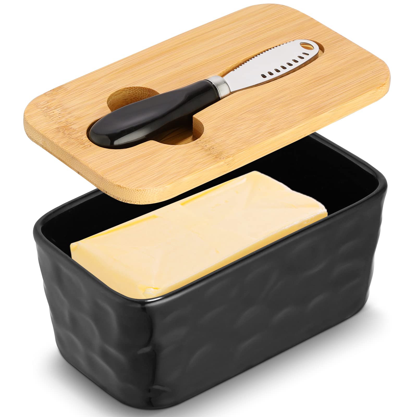 Ceramic Butter Dish with Lid and Knife, Porcelain Butter Container for Countertop, Butter Holder Keeper Double Silicone Seals, Perfect for West or East Coast Butter (Black)