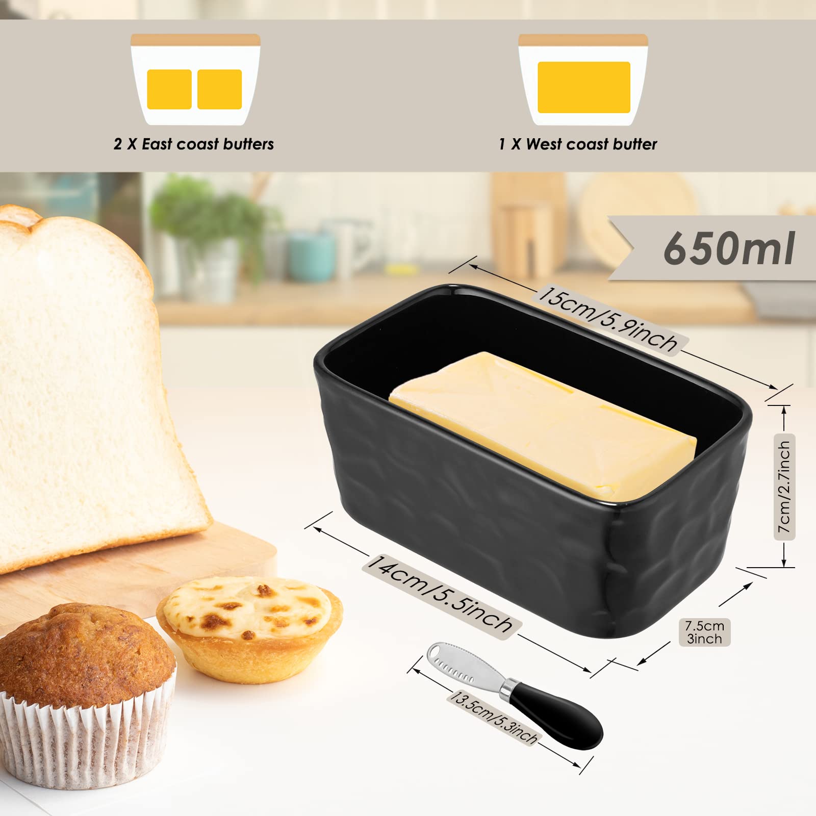 Ceramic Butter Dish with Lid and Knife, Porcelain Butter Container for Countertop, Butter Holder Keeper Double Silicone Seals, Perfect for West or East Coast Butter (Black)