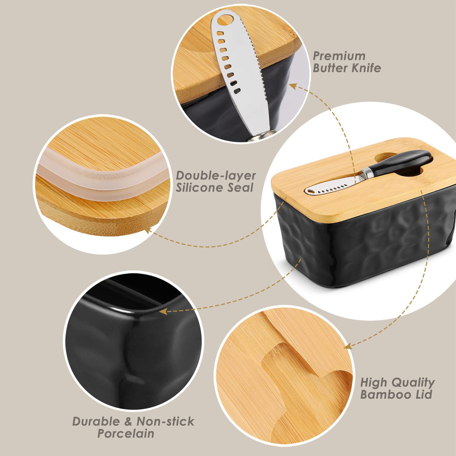 Ceramic Butter Dish with Lid and Knife, Porcelain Butter Container for Countertop, Butter Holder Keeper Double Silicone Seals, Perfect for West or East Coast Butter (Black)