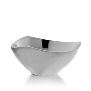 nambe tri-corner bowl | chillable salad serving bowl for entertaining | 1 quart capacity - measures at 7.5" x 4" | serve dips, salsa, appetizers, olives, and guacamole | made alloy