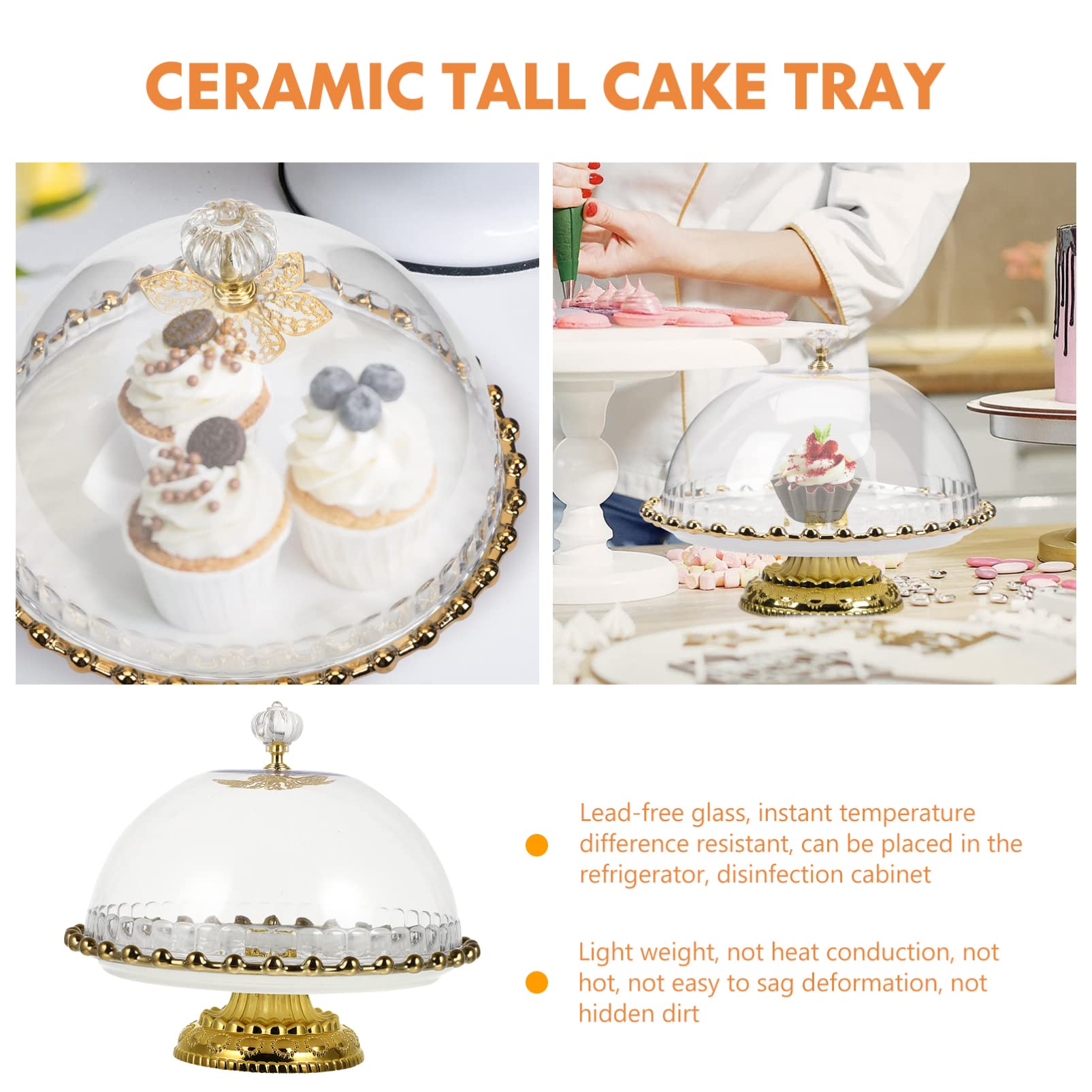 Ipetboom Ceramic Cake Stand with Dome Cover Glass Domed Cake Pedestals Round Clear Cake Plate Server Dessert Serving Platter Decorative Fruit Dish for Candy Display White