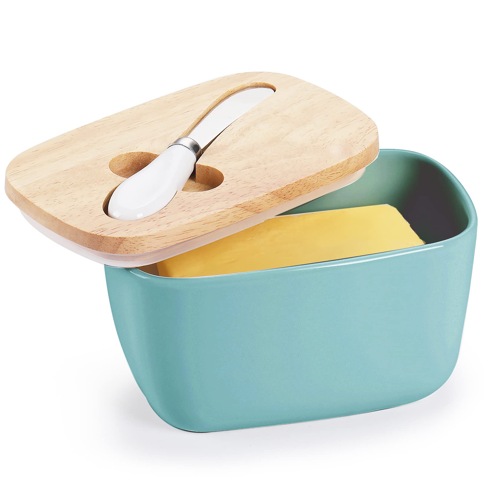 Large Ceramic Butter Dish for Countertop - Butter Keeper with High-Quality Silicone Sealing, Natural Wooden Lid and Stainless Steel Knife, Kitchen Decor for Kitchen Gifts (Turquoise “Larger Capacity”)