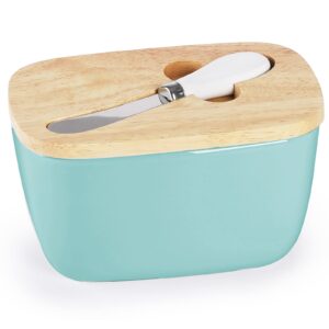 Large Ceramic Butter Dish for Countertop - Butter Keeper with High-Quality Silicone Sealing, Natural Wooden Lid and Stainless Steel Knife, Kitchen Decor for Kitchen Gifts (Turquoise “Larger Capacity”)