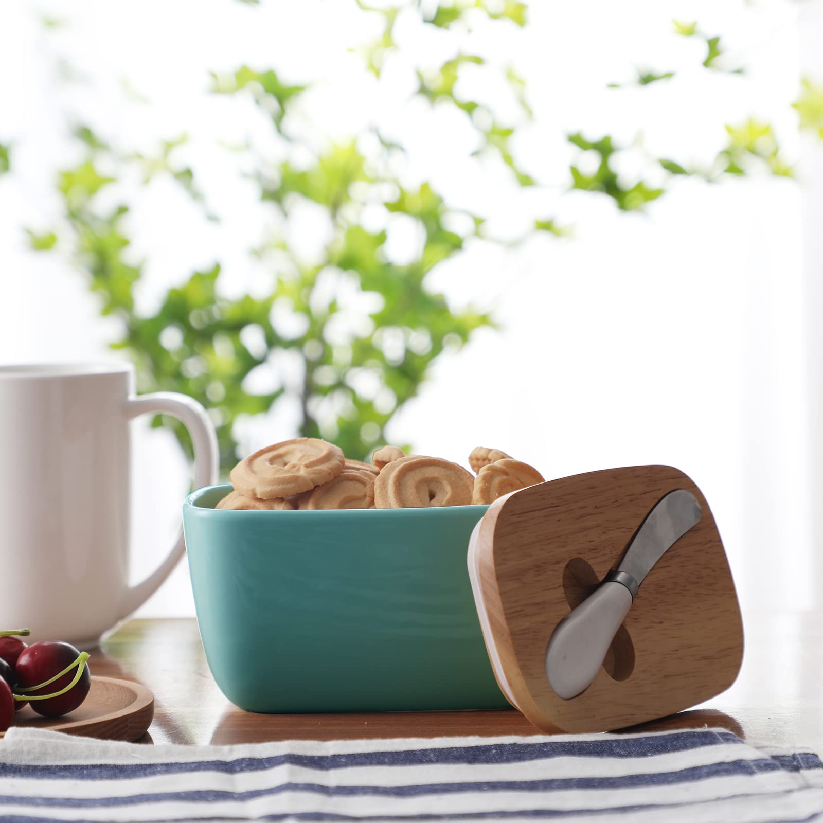 Large Ceramic Butter Dish for Countertop - Butter Keeper with High-Quality Silicone Sealing, Natural Wooden Lid and Stainless Steel Knife, Kitchen Decor for Kitchen Gifts (Turquoise “Larger Capacity”)