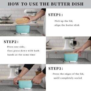 Large Ceramic Butter Dish for Countertop - Butter Keeper with High-Quality Silicone Sealing, Natural Wooden Lid and Stainless Steel Knife, Kitchen Decor for Kitchen Gifts (Turquoise “Larger Capacity”)