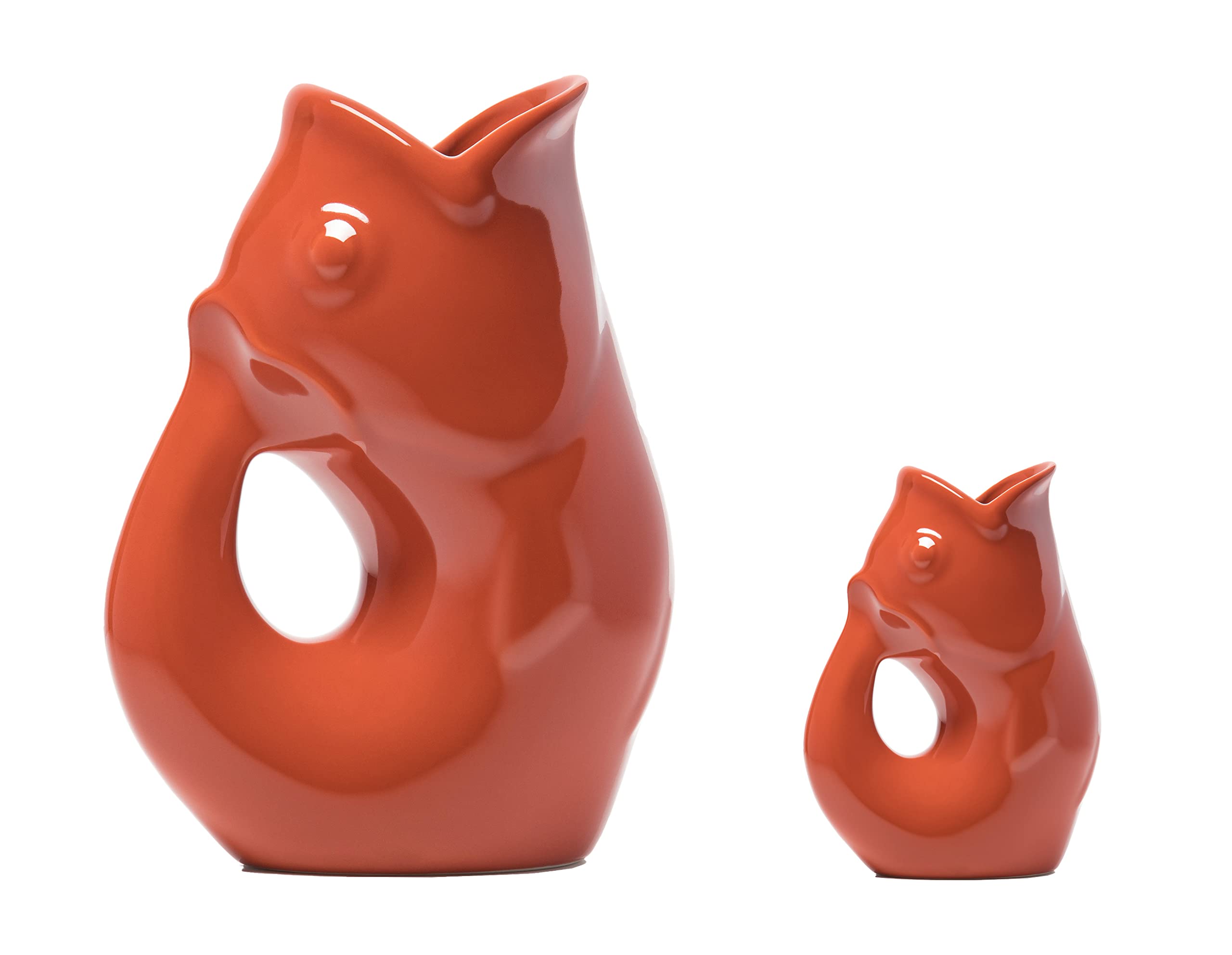 Gurgle Pot Fish Pitcher - Set of 2- Paprika, French Inspired Design, Large Pitcher 42 oz. with matching baby Gurgle Pot., Brown