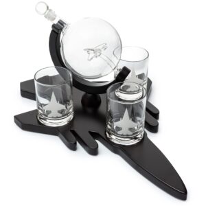 Fighter Jet Wine & Whiskey Decanter Set F16, F15, F18, F22 with 3 Glasses by The Wine Savant - Bourbon, Scotch, Vodka, Pilot, Aviation Gifts, Airplane Figurine, Military Veteran Gifts, Airplane Gifts