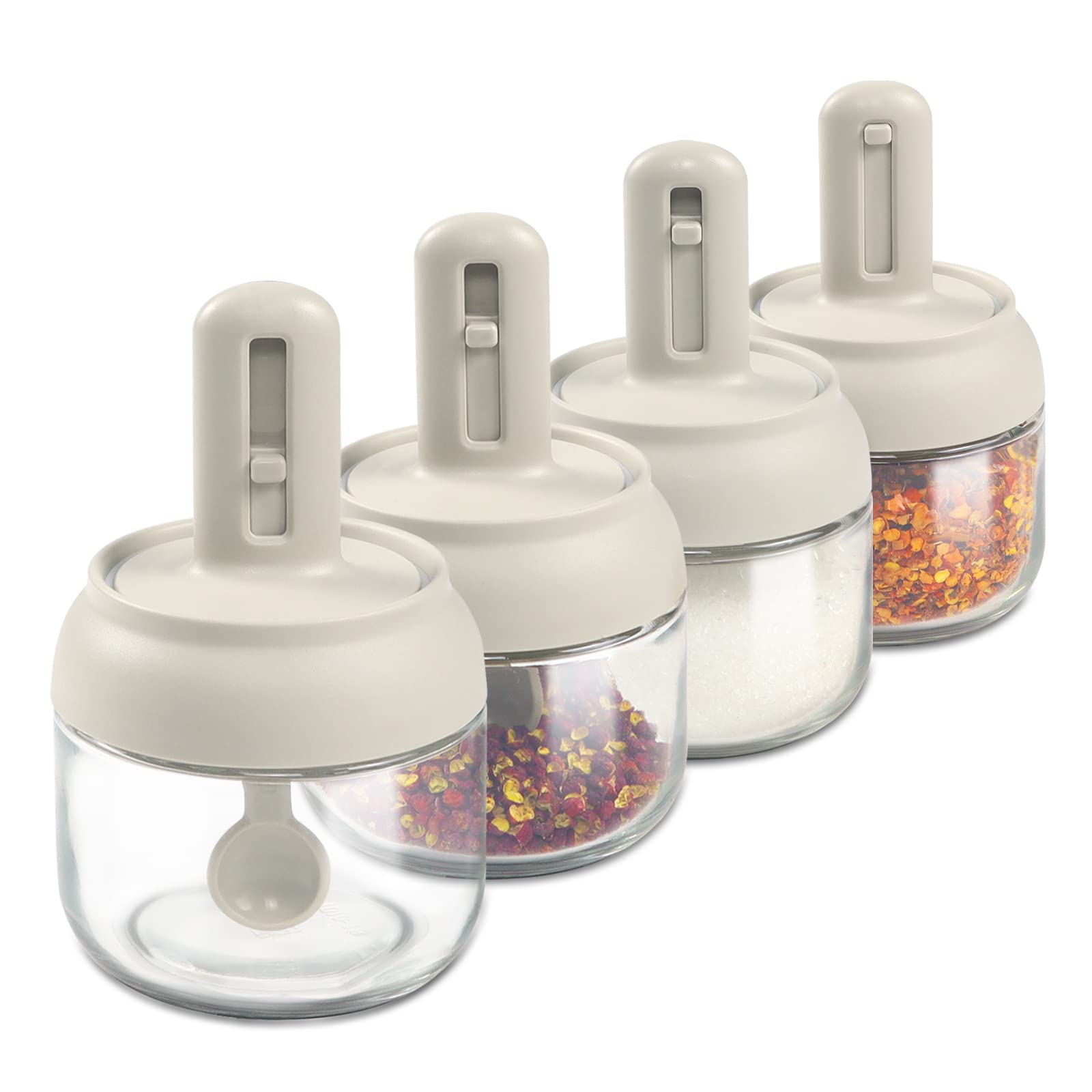 LELE LIFE 4 Pack Glass Seasoning Jars with Retractable Spoon and Lid, Air-Tight Seasoning Containers Spice Jars, 9oz Sugar Container Salt Cellar Box, Condiment Containers with Lids