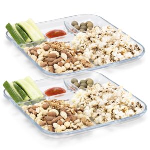 navaris glass divided plates (set of 2) - 4 section divider snack plate for adults, serving, portion control - square clear platter with food dividers