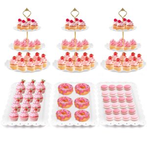 6 pieces cupcake stand set cake stands for dessert table display cup cake tier stand set with 3 piece 3-tier cupcake holder and 3 pieces appetizer trays for wedding baby shower birthday tea party