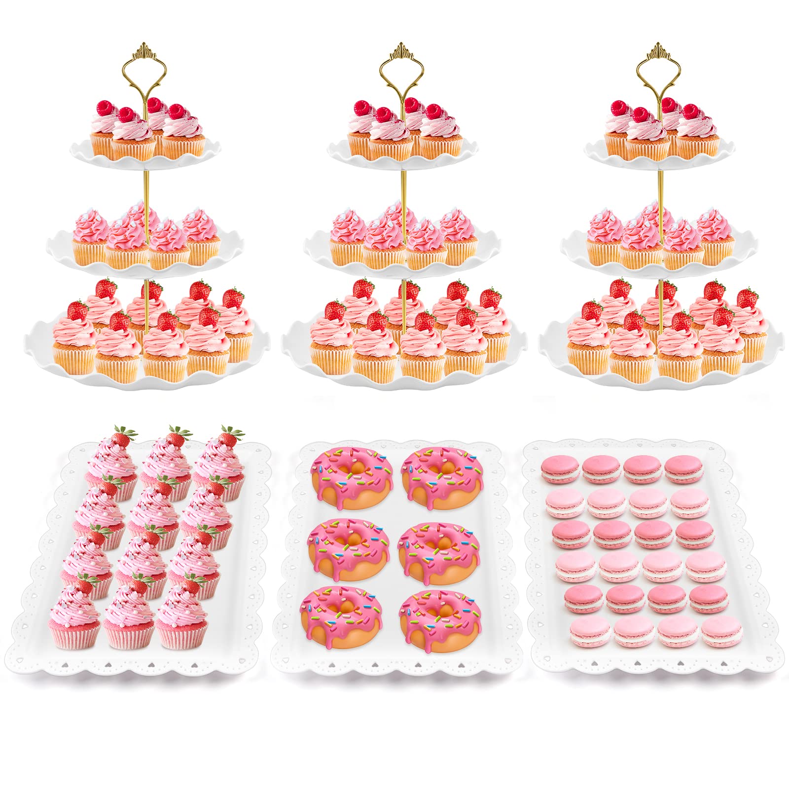 6 Pieces Cupcake Stand Set Cake Stands for Dessert Table Display Cup Cake Tier Stand Set with 3 Piece 3-Tier Cupcake Holder and 3 Pieces Appetizer Trays for Wedding Baby Shower Birthday Tea Party