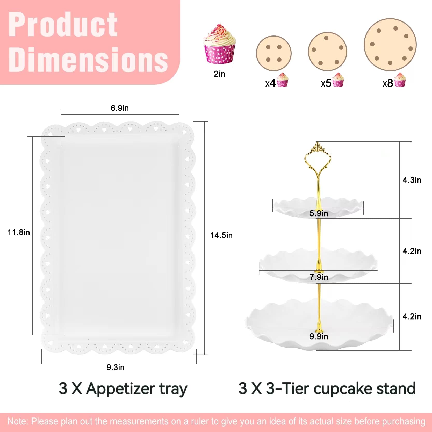 6 Pieces Cupcake Stand Set Cake Stands for Dessert Table Display Cup Cake Tier Stand Set with 3 Piece 3-Tier Cupcake Holder and 3 Pieces Appetizer Trays for Wedding Baby Shower Birthday Tea Party