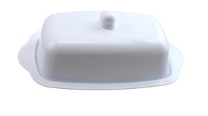 white plastic rectangle butter dish with lid easy scoop, no mess lid carry handles and knob top bpa free holds full american bar of butter