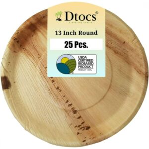 dtocs disposable charcuterie board 13" round palm leaf plate (25) | bamboo like strong compostable trays, serving platters, grazing, cheese boards for wedding parties, catering sturdy than paper plate