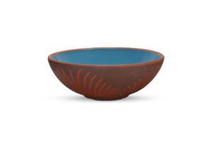 handmade 10-inch decorative rustic terracotta bowl: unique gift! ideal for serving fruit, salad, snacks, and decorating. leaf-blue