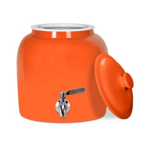 Geo Sports Porcelain Ceramic Crock Water Dispenser, Stainless Steel Faucet, Valve and Lid Included. Fits 3 to 5 Gallon Jugs (Solid Orange)