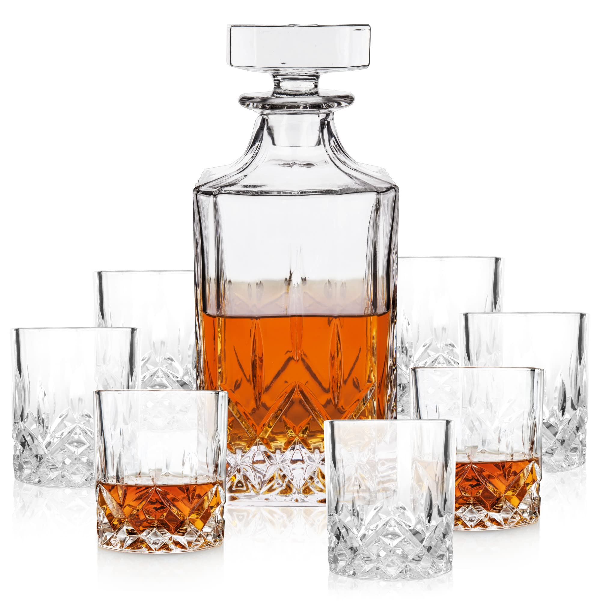 Viski Admiral Decanter and Lowball Glass Set - Premium Crystal Glasses for Liquor, Scotch and Whiskey, Glassware Gift Set of 8